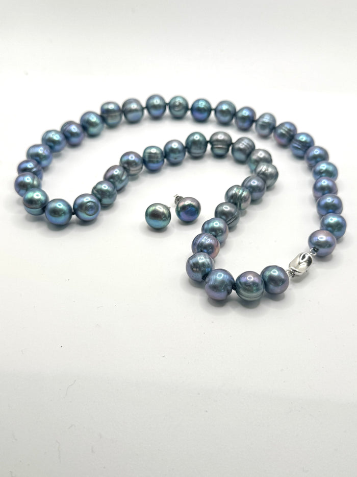 22”  LARGE BLUE SILVER PEARL NECKLACE (9-11mm)
