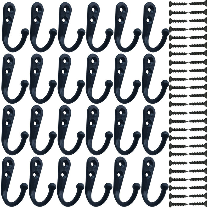 24 Pieces Coat Hooks Wall Mounted Robe Hook Single Coat Hanger No Scratch and 50 Pieces Screws （Black）