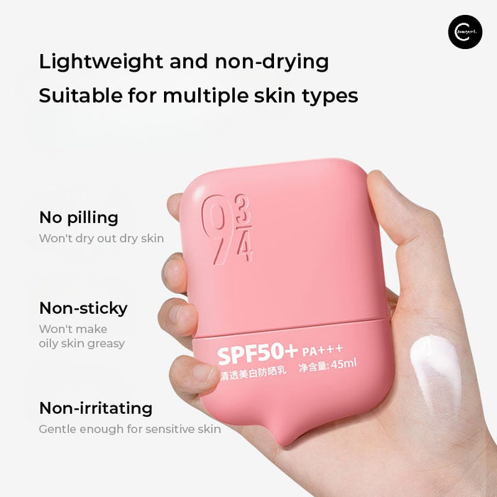 934 Sheer Brightening Sunscreen Lotion #01 in pink bottle held in hand with lotion swatch