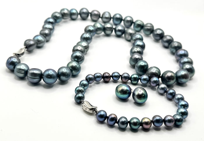 SALE! $139 BLUE SILVER PEARL NECKLACE, EARRING & BRACELET SET (22 inch)