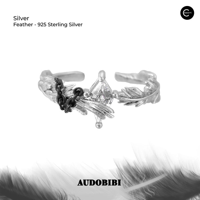 A Part Of Me silver feather ring in 925 sterling silver, front view