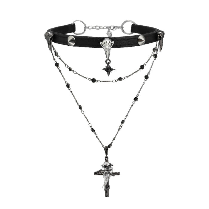 A Part Of Me Raven Series black choker necklace with layered chains and cross pendants, front view