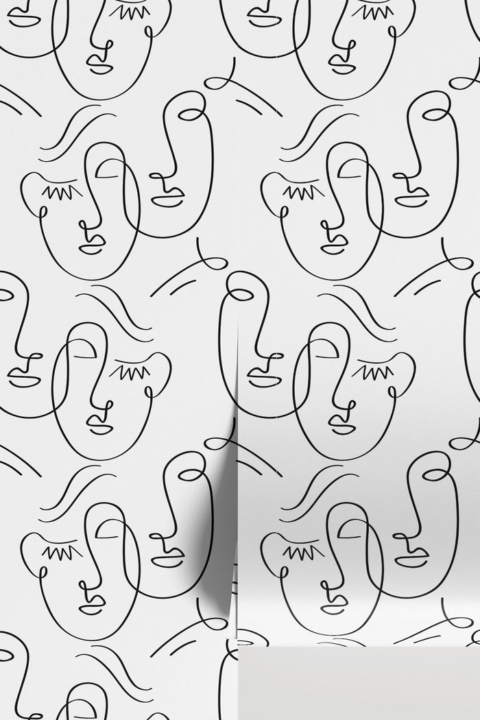 Abstract Twin Faces Wall Mural - continuous line-art face pattern, plain view