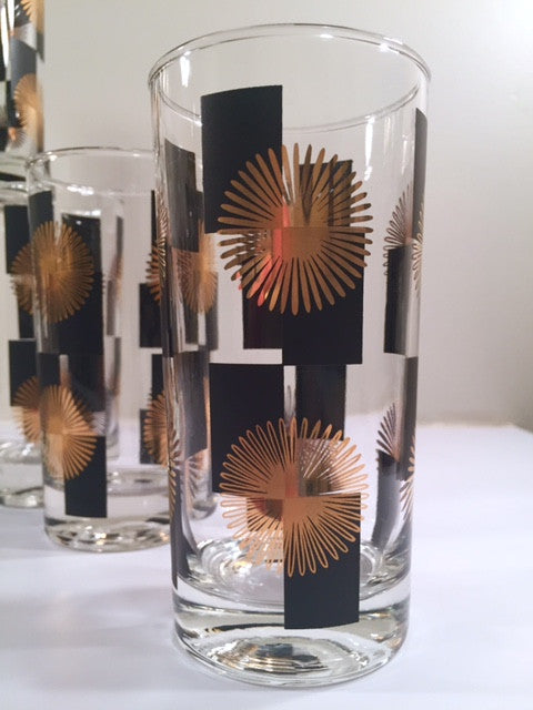 Anchor Hocking - Mid-Century Black Square with 22-Karat Gold Atomic Burst Glasses (Set of 11)
