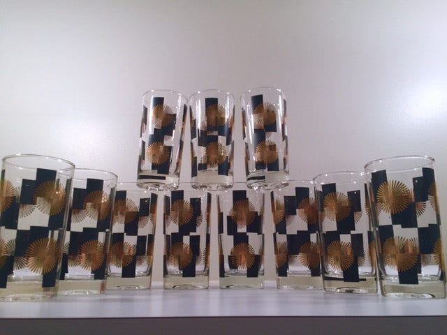 Anchor Hocking - Mid-Century Black Square with 22-Karat Gold Atomic Burst Glasses (Set of 11)