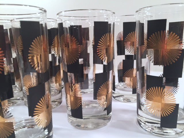 Anchor Hocking - Mid-Century Black Square with 22-Karat Gold Atomic Burst Glasses (Set of 11)