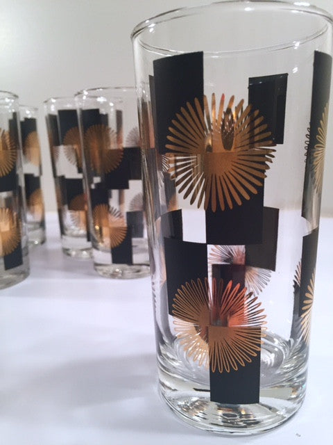 Anchor Hocking - Mid-Century Black Square with 22-Karat Gold Atomic Burst Glasses (Set of 11)