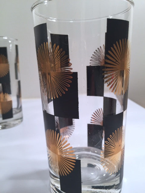 Anchor Hocking - Mid-Century Black Square with 22-Karat Gold Atomic Burst Glasses (Set of 11)