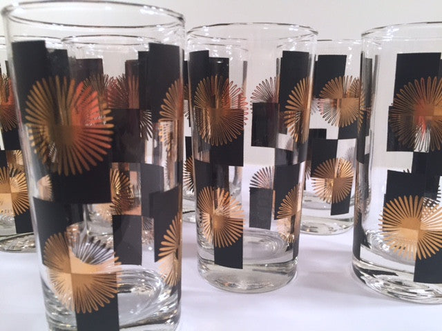 Anchor Hocking - Mid-Century Black Square with 22-Karat Gold Atomic Burst Glasses (Set of 11)