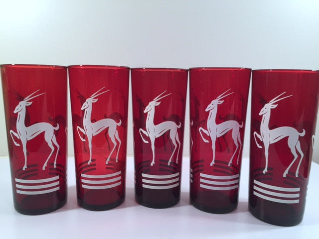 Anchor Hocking Red Gazelle Mid-Century Collins Glasses (Set of 5)