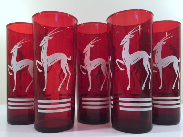 Anchor Hocking Red Gazelle Mid-Century Collins Glasses (Set of 5)
