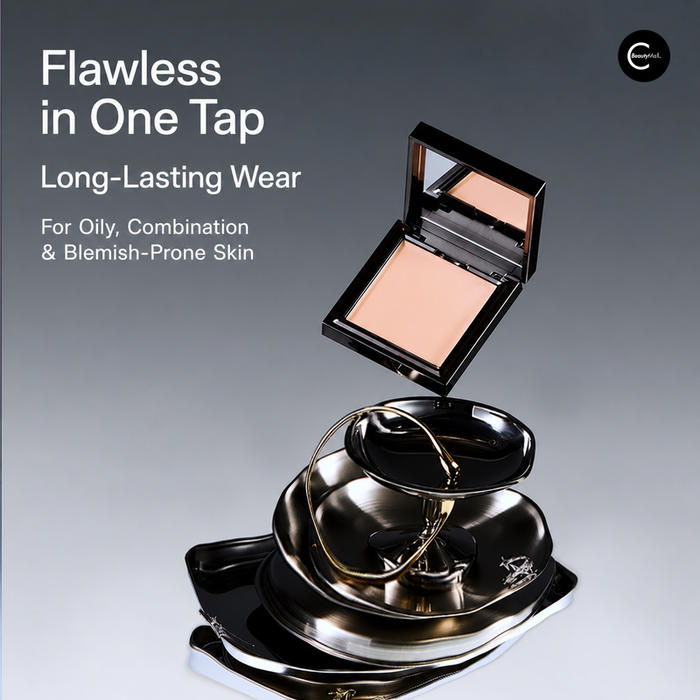 Open black complexion compact with peach-toned pressed makeup, front product view