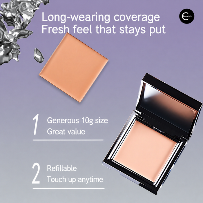 Open black compact with peach pressed powder and matching refill pan on a lavender background