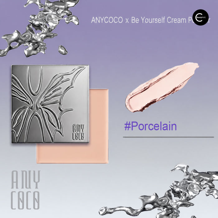 ANYCOCO Cream Foundation compact with a beige cream pan and #Porcelain shade label
