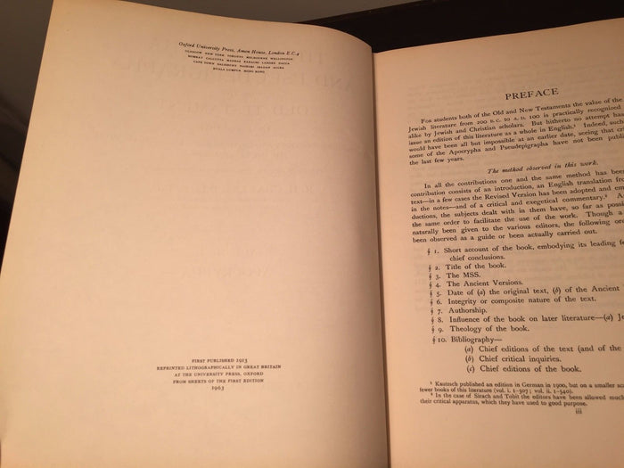 APOCRYPHA AND PSEUDEPIGRAPHA OF THE OLD TESTAMENT Vol I, RH Charles 1st Ed 1963
