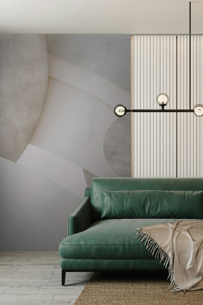 Astra Veil / Stone behind a  Green sofa in a modern living room.