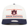 Front view of Auburn Original Bar Snapback with ivory crown, navy brim, and orange-and-navy AU logo and Auburn University embroidery.