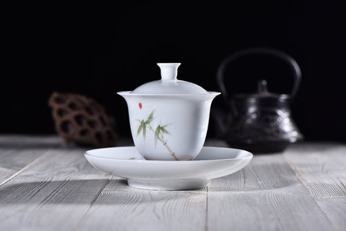 "Bamboo on White" Gaiwan and Tea Boat for Elegant Gong Fu Tea Brewing | Yunnan Sourcing Tea Shop