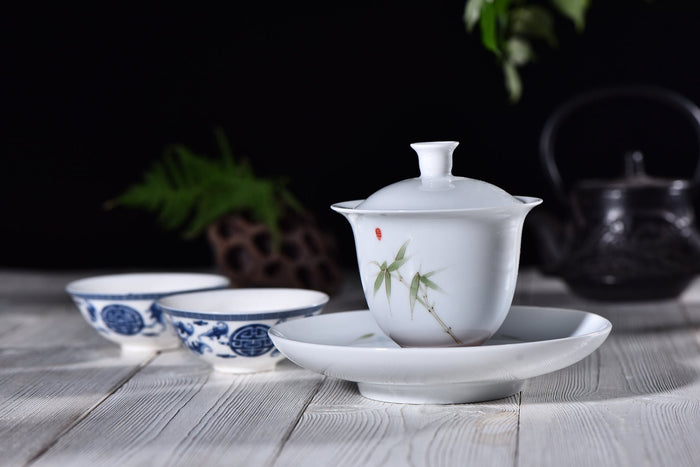 "Bamboo on White" Gaiwan and Tea Boat for Elegant Gong Fu Tea Brewing | Yunnan Sourcing Tea Shop