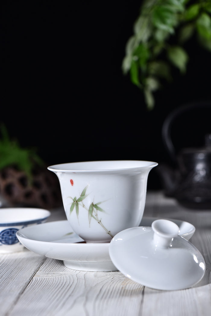 "Bamboo on White" Gaiwan and Tea Boat for Elegant Gong Fu Tea Brewing | Yunnan Sourcing Tea Shop
