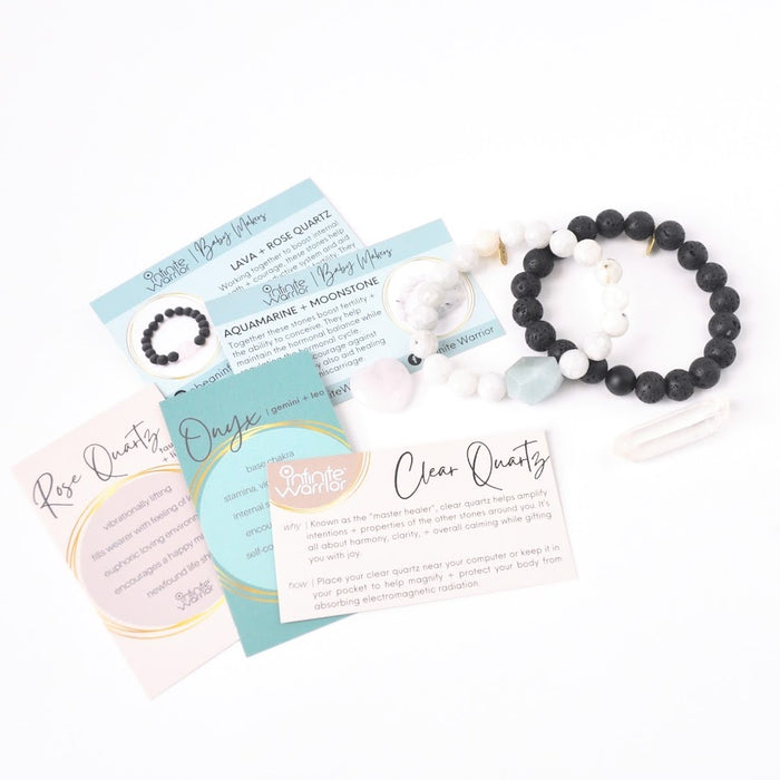 Best Crystals for Fertility Couples Edition Bracelet | Crystal Kit with Aquamarine + Moonstone + Clear Quartz + Lava + Onyx | Baby Maker Bracelet Kit