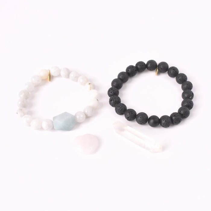 Best Crystals for Fertility Couples Edition Bracelet | Crystal Kit with Aquamarine + Moonstone + Clear Quartz + Lava + Onyx | Baby Maker Bracelet Kit