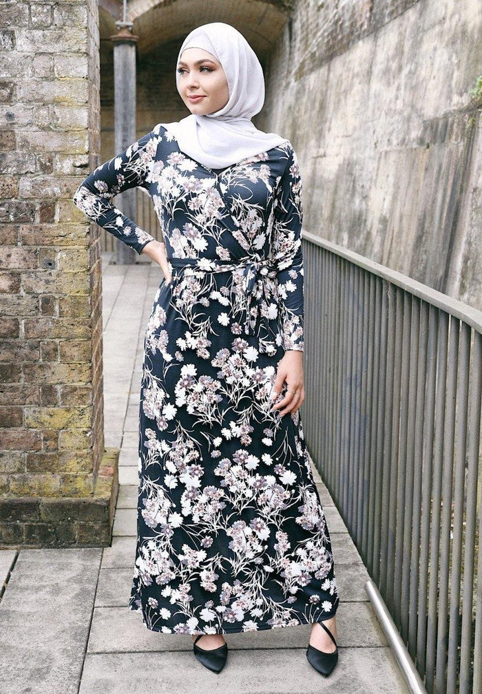 Black and Cream Floral Wrap Dress - Divinity Collection