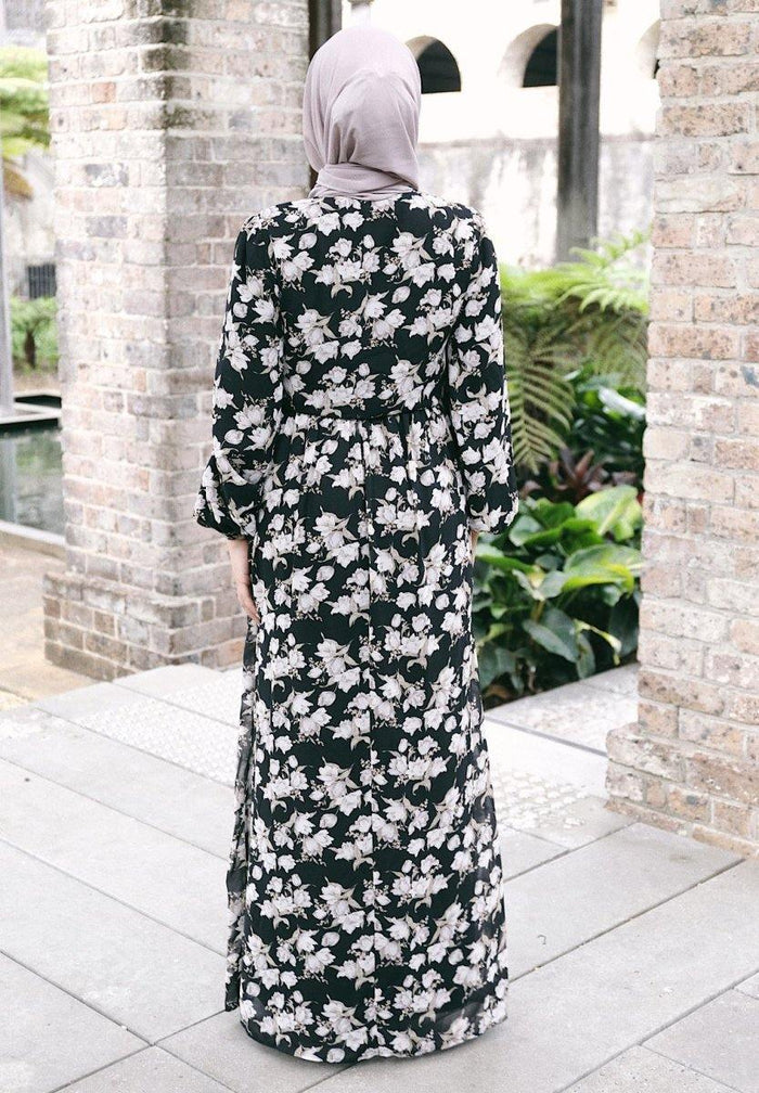 Black and Dusty Purple Drawstring Floral Lace Dress - Divinity Collection