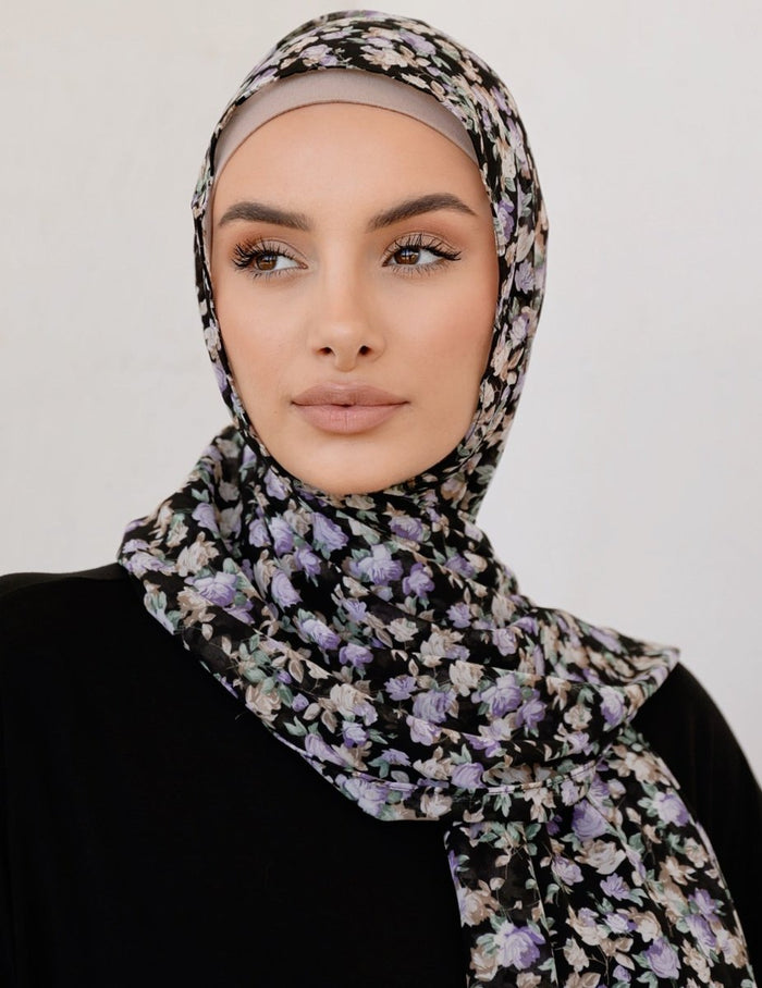 Black and Lavender Garden Floral Hijab - Divinity Collection