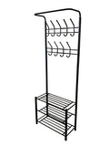 Black Metal Entryway Storage 3-tier Shoe with Coat Hat Rack 18 Hooks