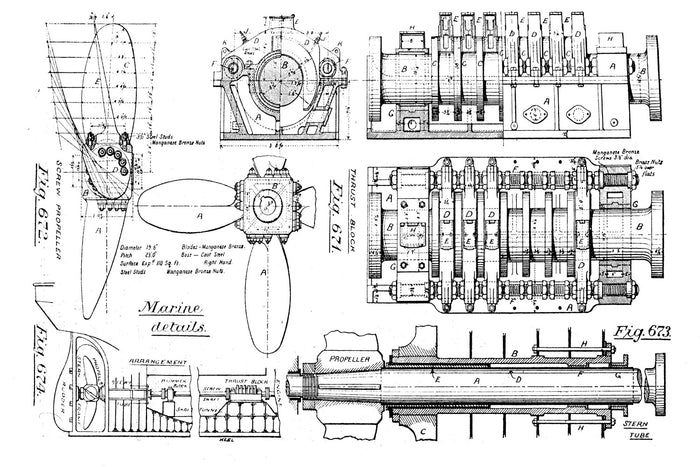Black & White Vintage Boat Engine Blueprint Wall Mural