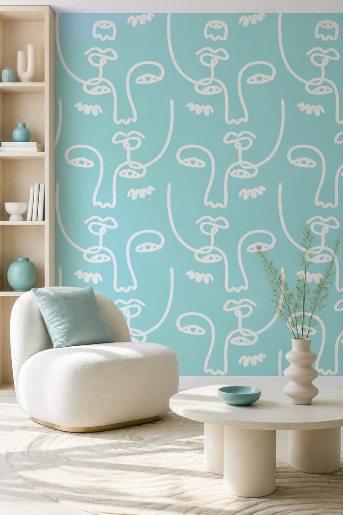 Blue Abstract Faces 2 wall mural in a living room with armchair and bookshelf