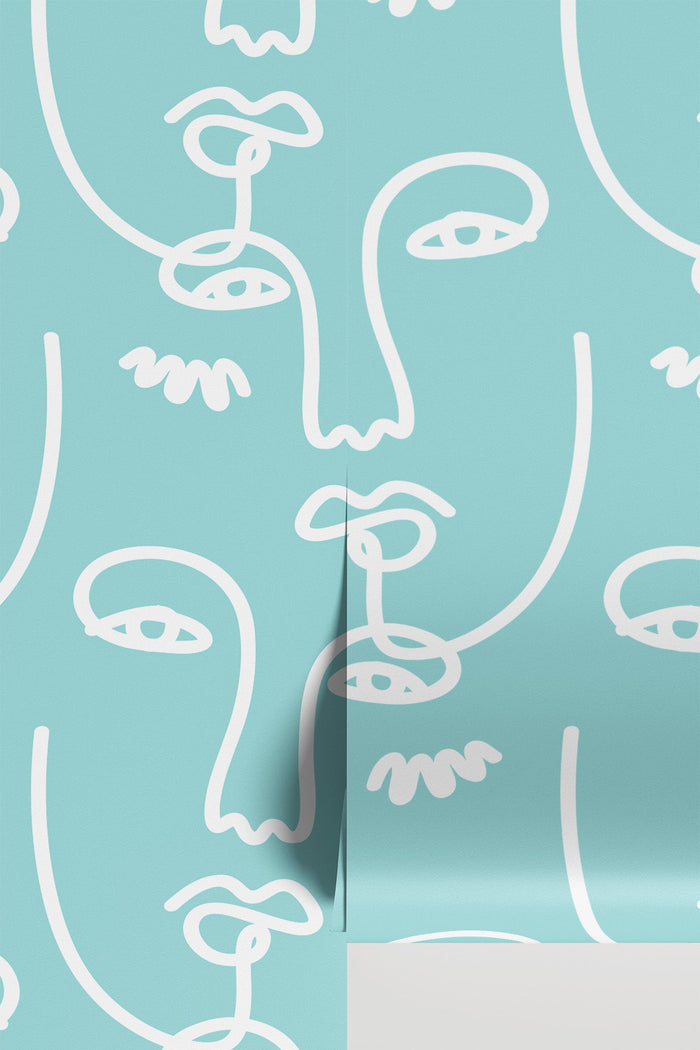 Blue Abstract Faces 2 wall mural - close-up flat view