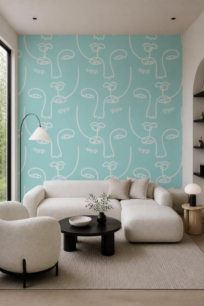 Blue Abstract Faces 2 wall mural in a living room with white sectional sofa