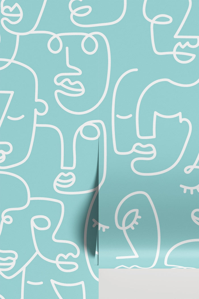 Blue Abstract Line Faces wall mural, close-up panel view