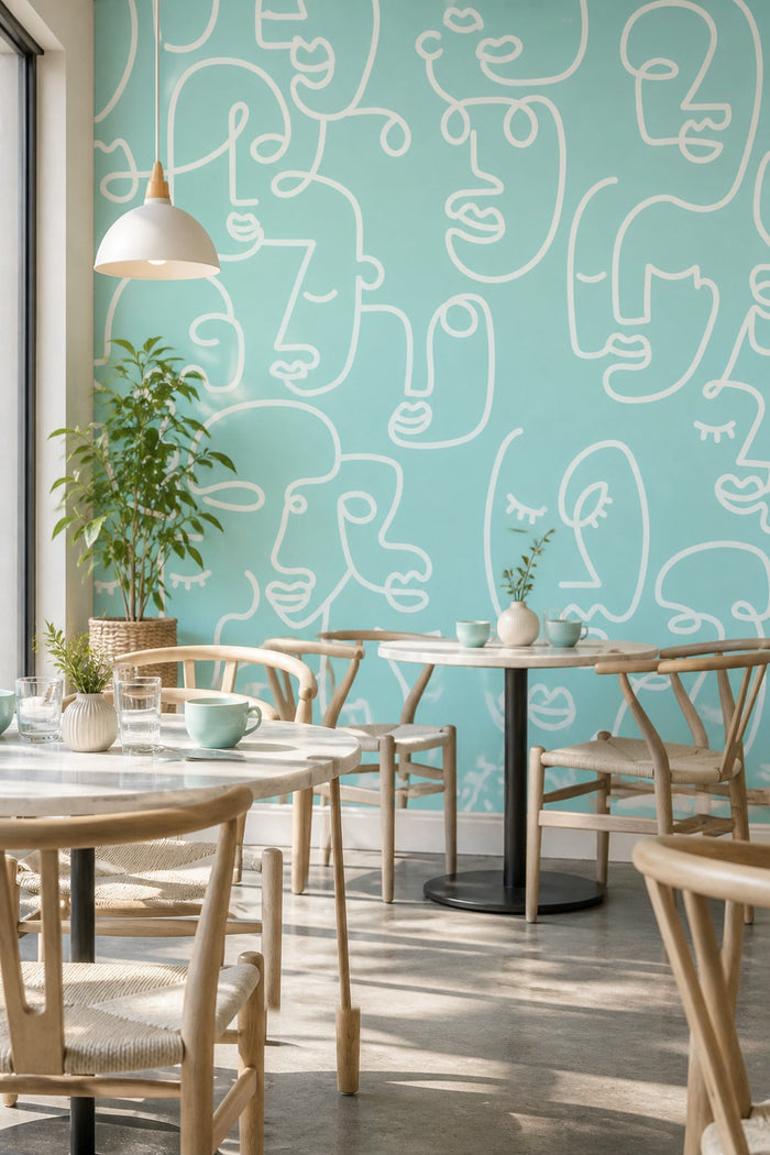 Blue Abstract Line Faces wall mural in a dining and cafe seating area