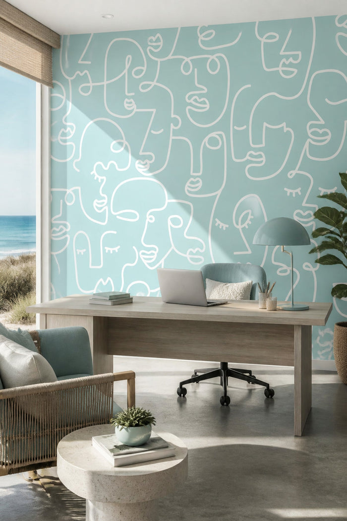 Blue Abstract Line Faces wall mural in a home office