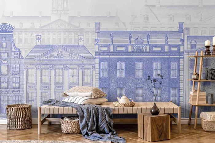 Blue Vintage European Buildings Wall Mural-Wall Mural-Eazywallz