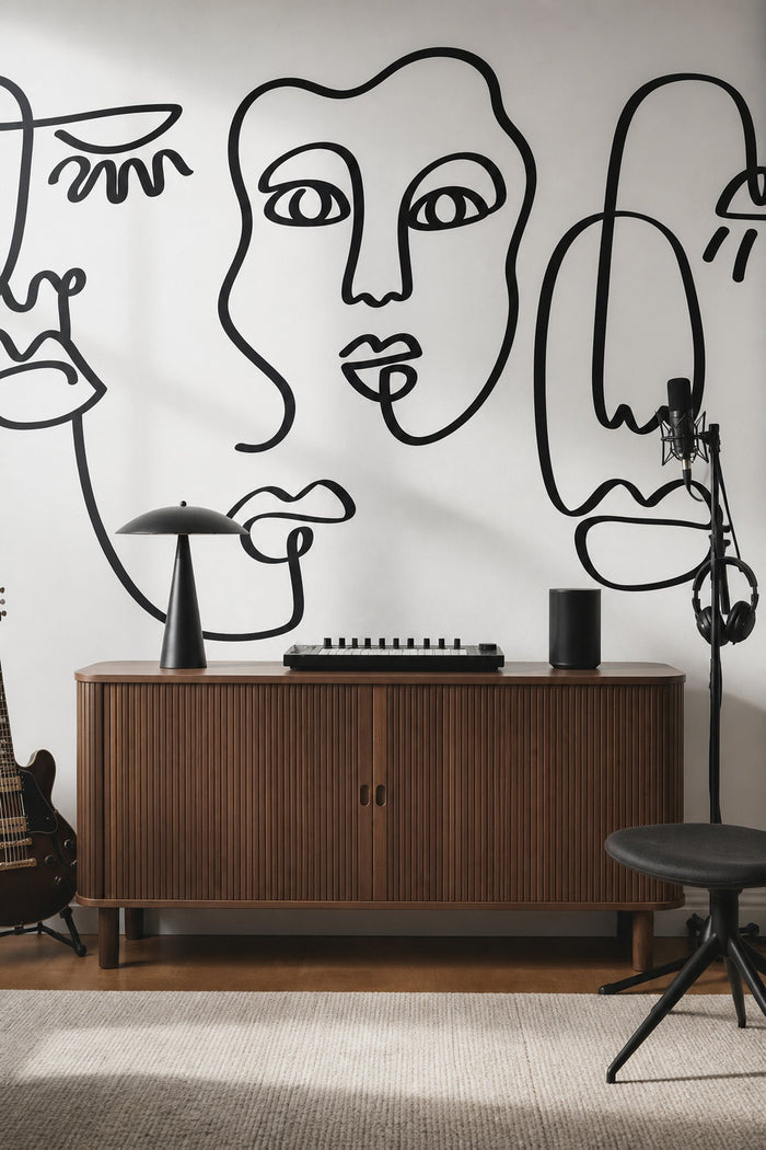 Bold Black Abstract Line Faces mural in a home office