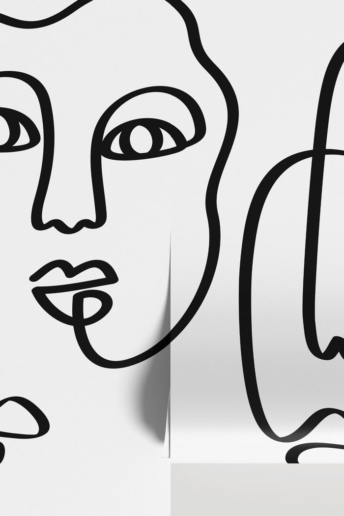 Bold Black Abstract Line Faces mural - product shot