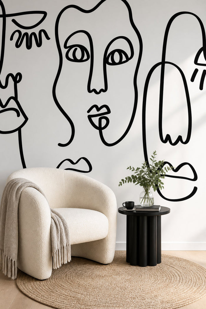 Bold Black Abstract Line Faces mural in a living room