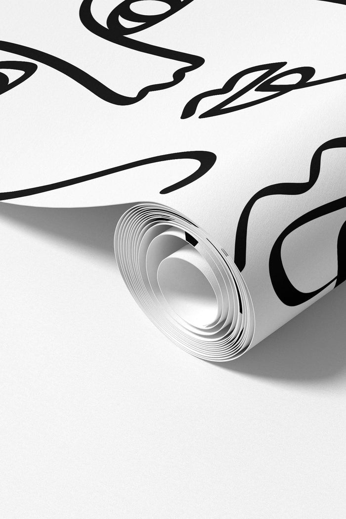 Bold Black Abstract Line Faces mural roll