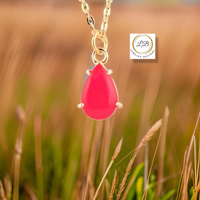 Bright Pink Chalcedony Gold Chain Pendant Necklace 18”