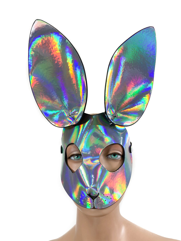 Bunny Ears Exotic Rabbit Full face Mask Silver Holographic Rainbow