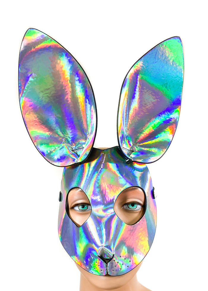 Bunny Ears Exotic Rabbit Full face Mask Silver Holographic Rainbow