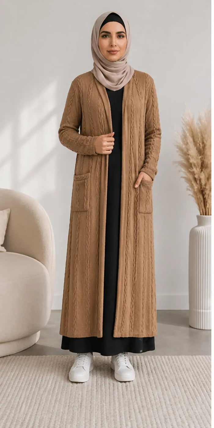 Cable Knit Long Cardigan - Camel
