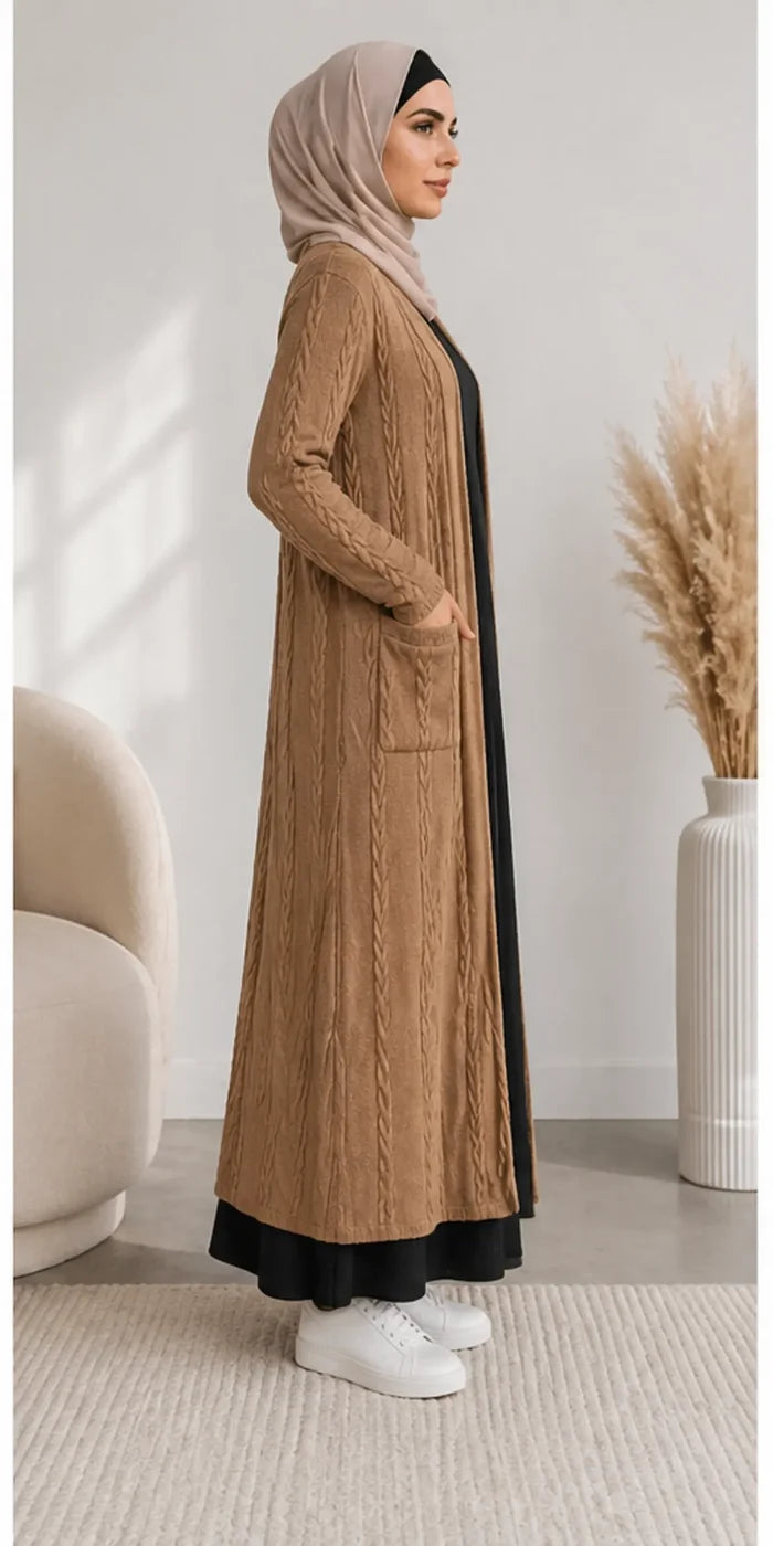 Cable Knit Long Cardigan - Camel