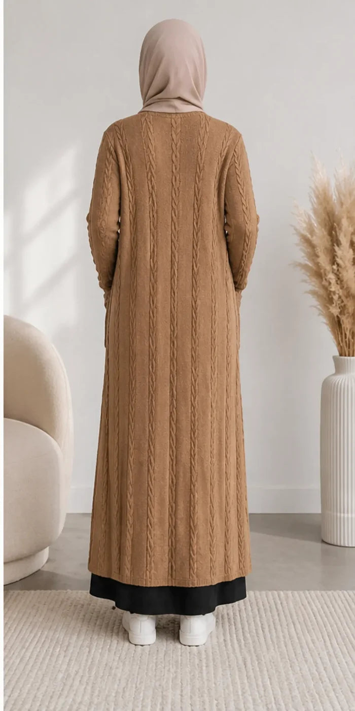 Cable Knit Long Cardigan - Camel