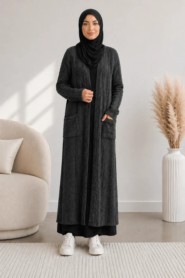 Cable Knit Long Cardigan - Charcoal