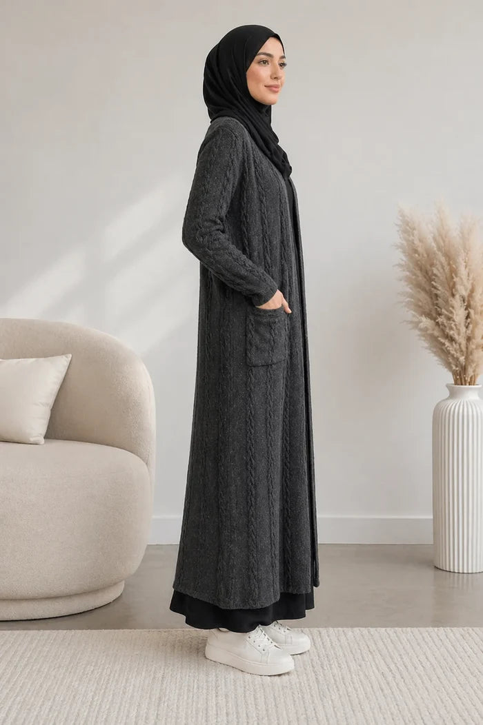 Cable Knit Long Cardigan - Charcoal